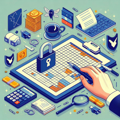 금융과 관련된 데이터를 분석하고 있는 모습, 보안 관련 요소 포함.