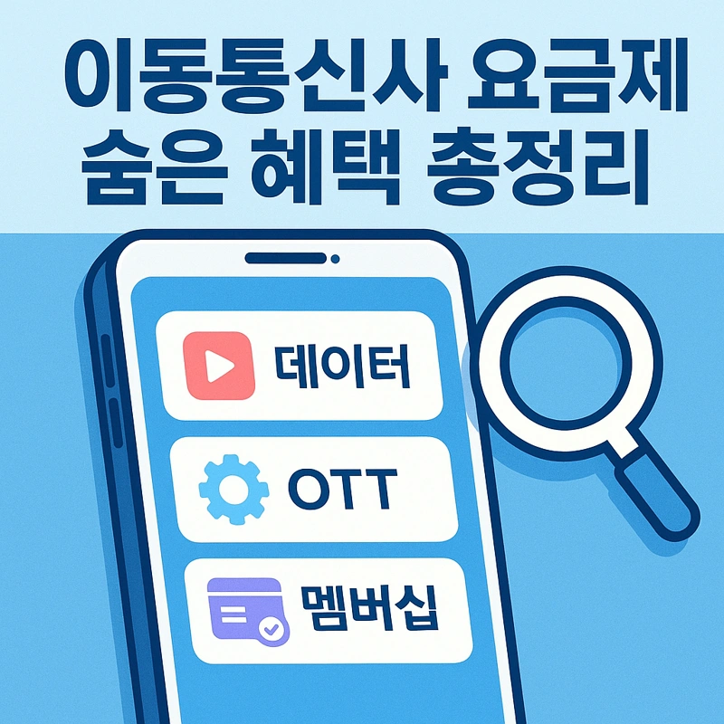 통신사 요금제 혜택을 비교 분석하는 스마트폰 중심의 디지털 썸네일 일러스트