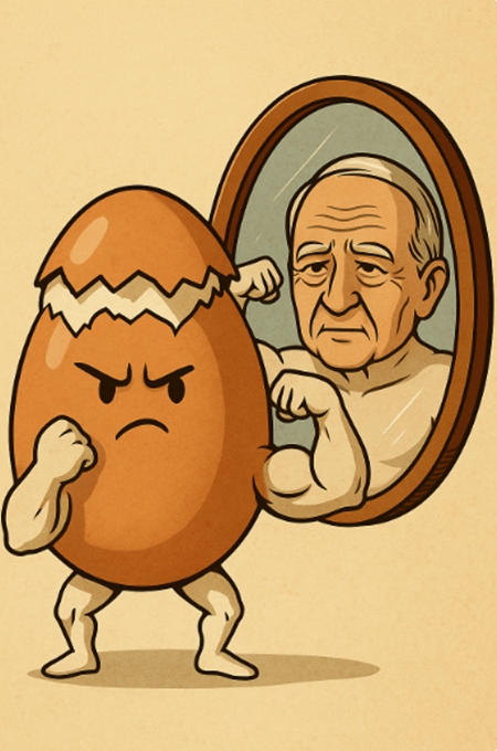 단단한 껍질이 갈라진 알이 근육질 팔을 뽐내며 거울 속 주름진 노인의 모습을 밀어내는 장면. 단백질의 힘으로 노화를 이겨내는 상징적 이미지.