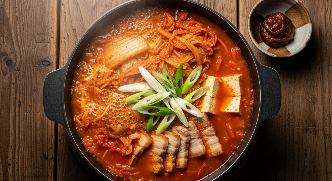 깊은 맛을 내는 된장 김치찌개가 김이 모락모락 피어오르는 모습, 갓 지은 밥과 함께 따뜻한 식탁에 놓여있다.