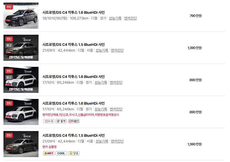 시트로엥 C4 칵투스 중고차 가격 시세표 연비