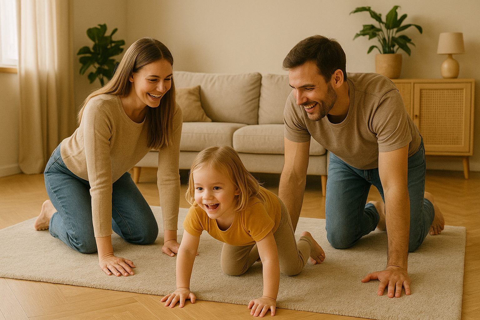 엄마 아빠와 아이가 함께 엎드려서 운동하고 있는 사진