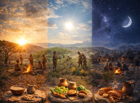 인간이 식사 시간을 통해 하루의 흐름을 구분하고 공동체 생활의 질서를 형성해 온 과정을 보여줍니다.