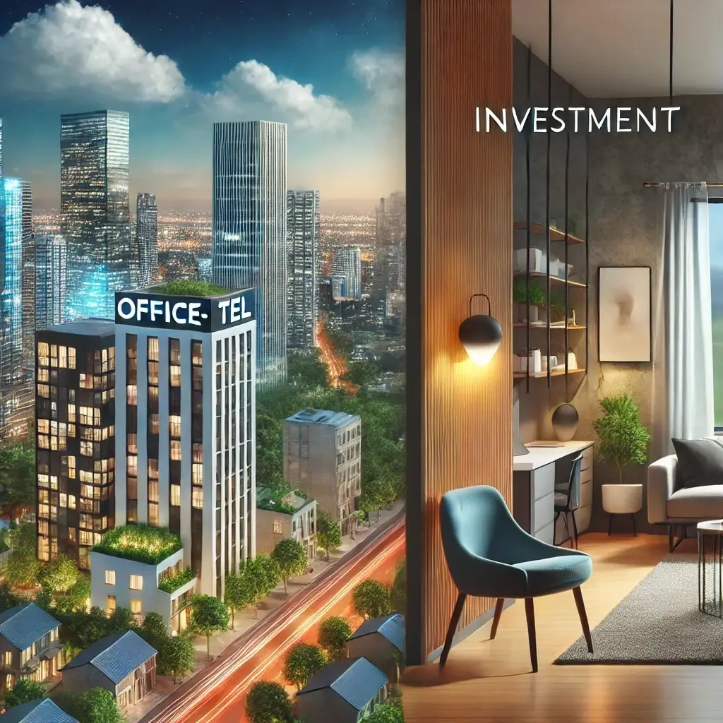 현대적인 도심 오피스텔 건물과 깔끔한 원룸 내부로 임대 투자 가능성을 강조한 이미지