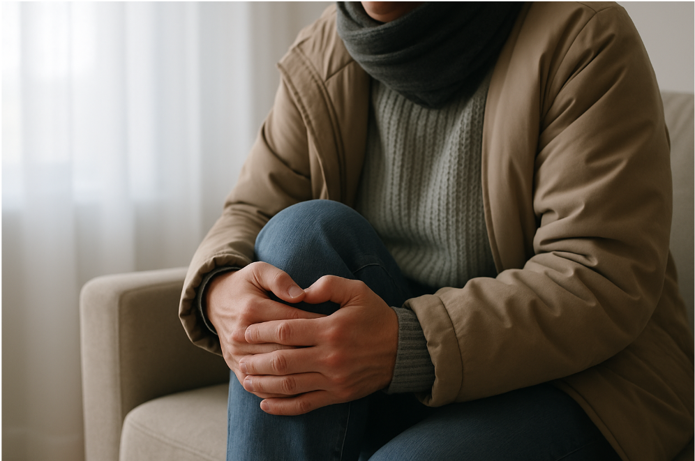 쌀쌀한 날씨 속 무릎 통증을 느끼는 사람 – 관절 냉기로 인한 통증