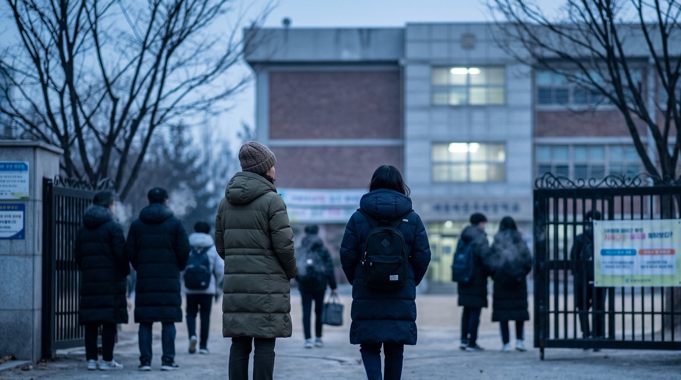 수능 당일 이른 아침 시험장 교문 앞에서 수험생을 배웅하는 모습