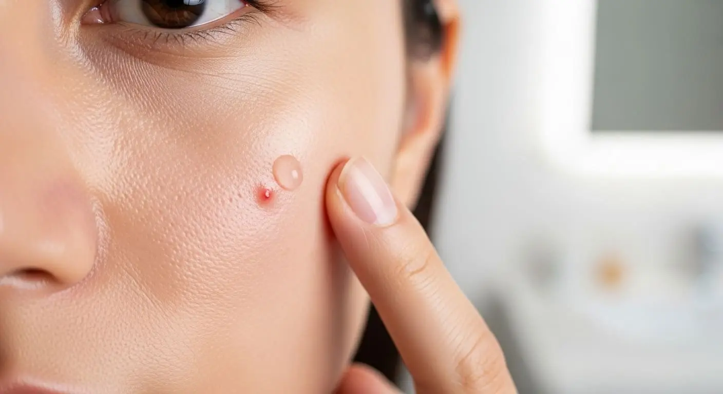 손가락으로 좁쌀 여드름 부위에 연고를 섬세하게 바르는 모습, 국소 부위 치료의 중요성을 보여줌.