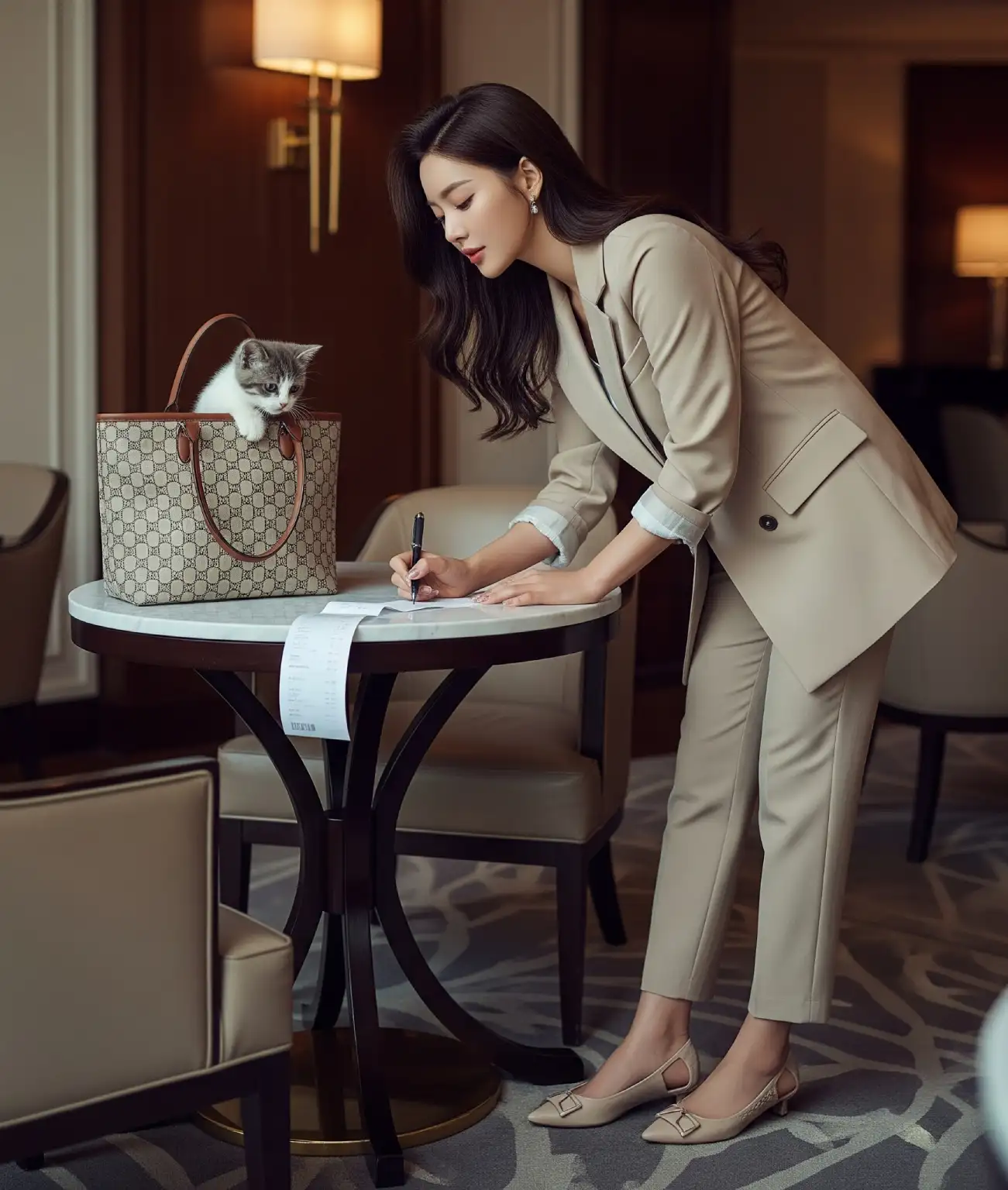 고급 호텔 라운지에서 계산서에 팁을 적고 우아하게 서명하고 있는 프로페셔널한 한국인