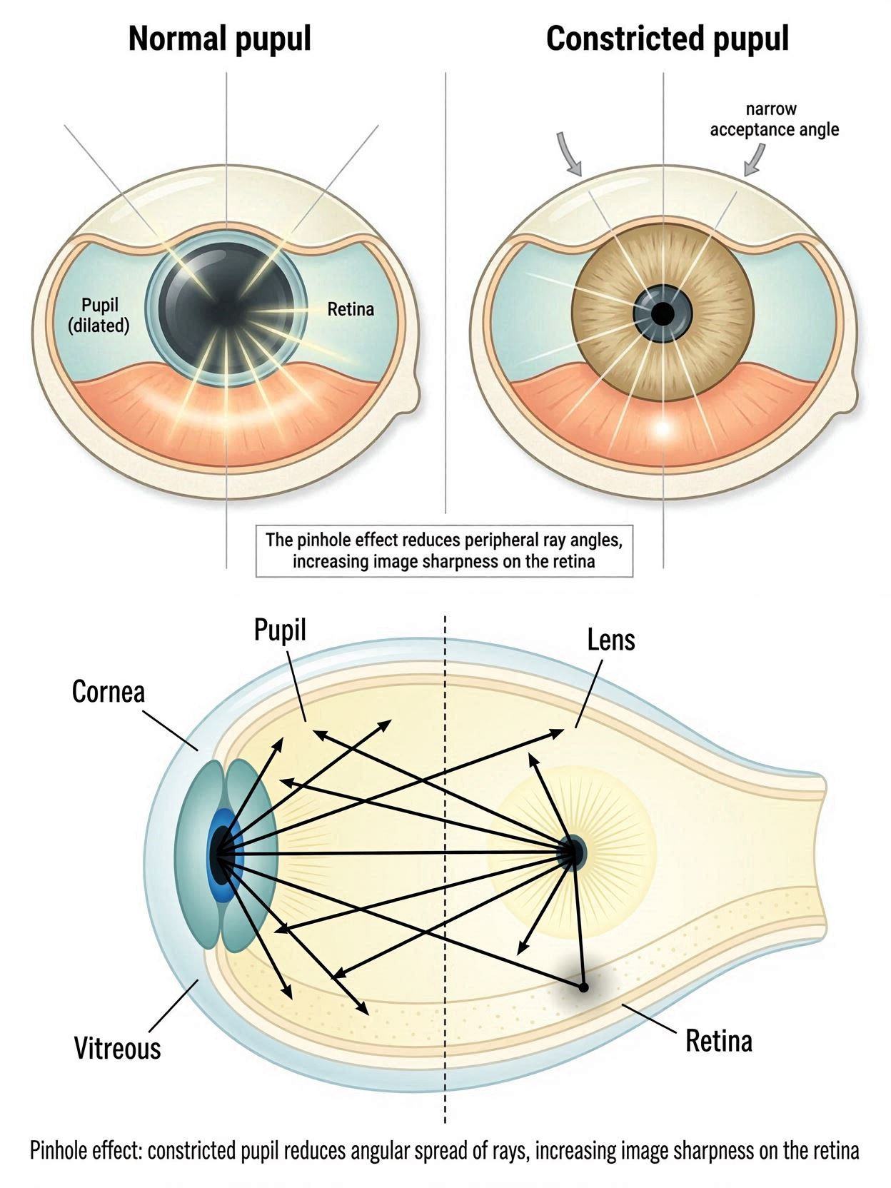 Diagram showing how a constricted pupil creates a 'pinhole effect' to focus light rays sharply on the retina.