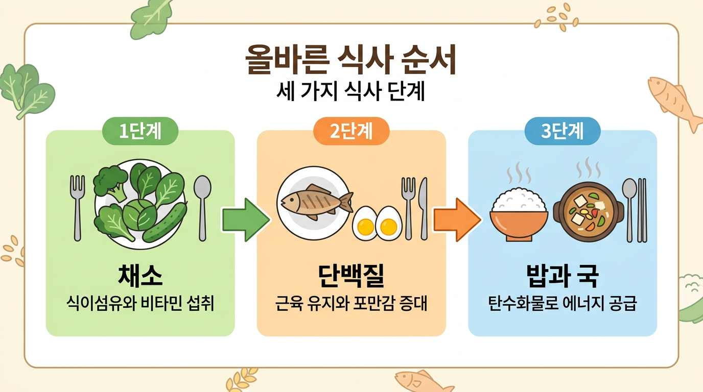 채소 먼저, 단백질 다음, 밥과 국은 마지막 순서를 보여주는 식사 순서