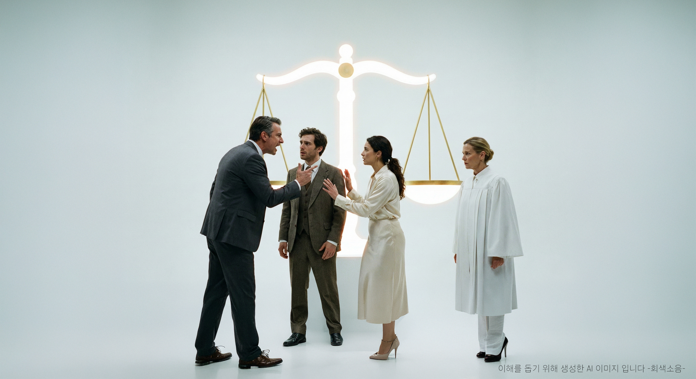 천상의 법정 : 끝없는 백색 공간의 사후 법정에서 빛나는 거대한 저울 아래, 검사와 피고, 변호인, 판사가 격렬하게 맞서는 인간적 갈등이 펼쳐지는 초현실적 장면.