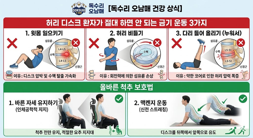 [독수리 오남매 건강 상식] 허리 디스크 환자가 '절대' 하면 안 되는 금기 운동 3가지와 올바른 척추 보호법
