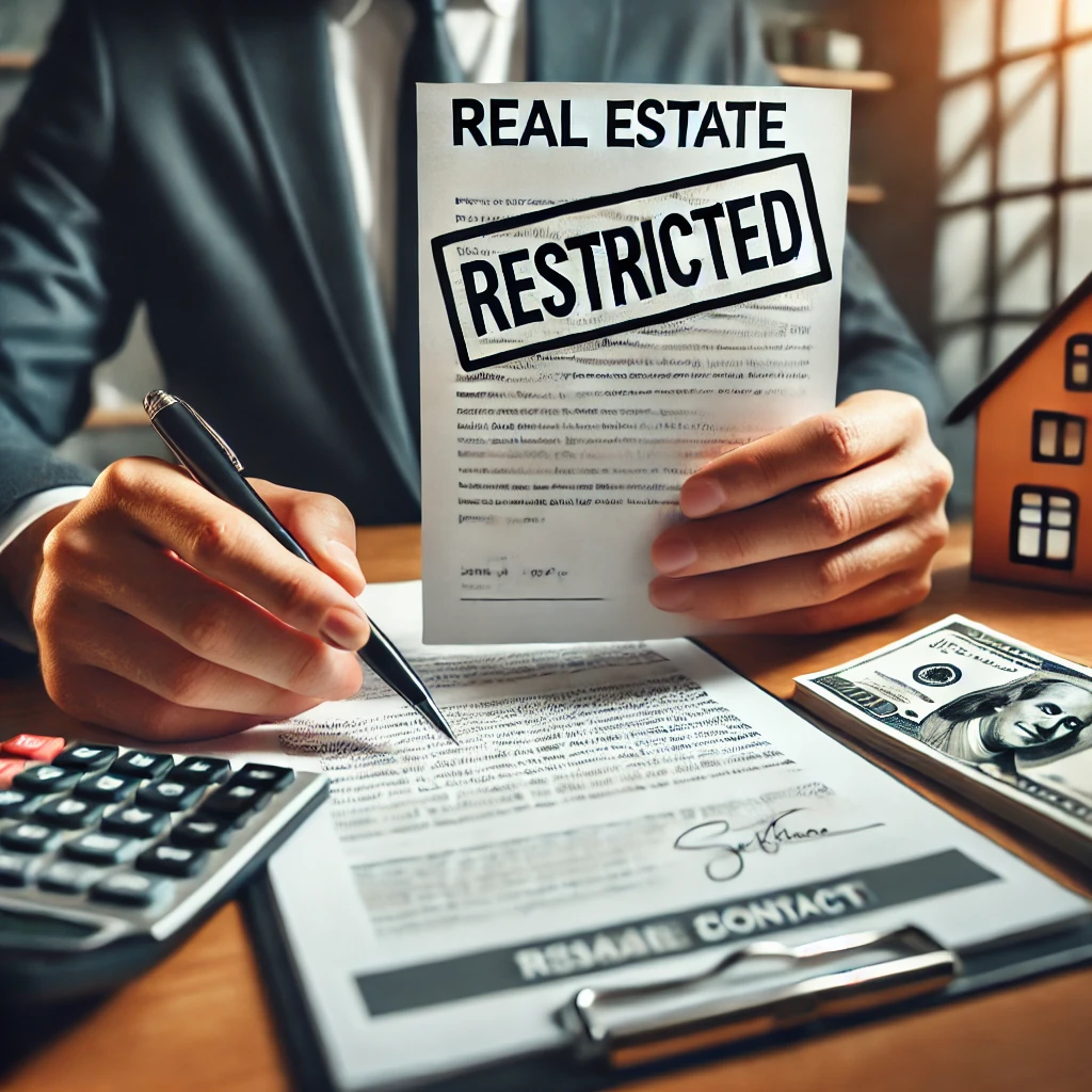 &lsquo;Resale Restricted&rsquo; 문구가 있는 부동산 계약서를 들고 있는 손&amp;#44; 금융 서류와 계산기가 놓인 책상.
