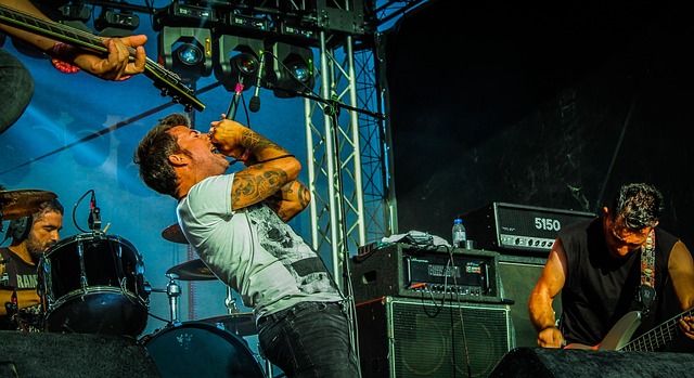 밴드 가수가 무대에서 공연을 하고 있다