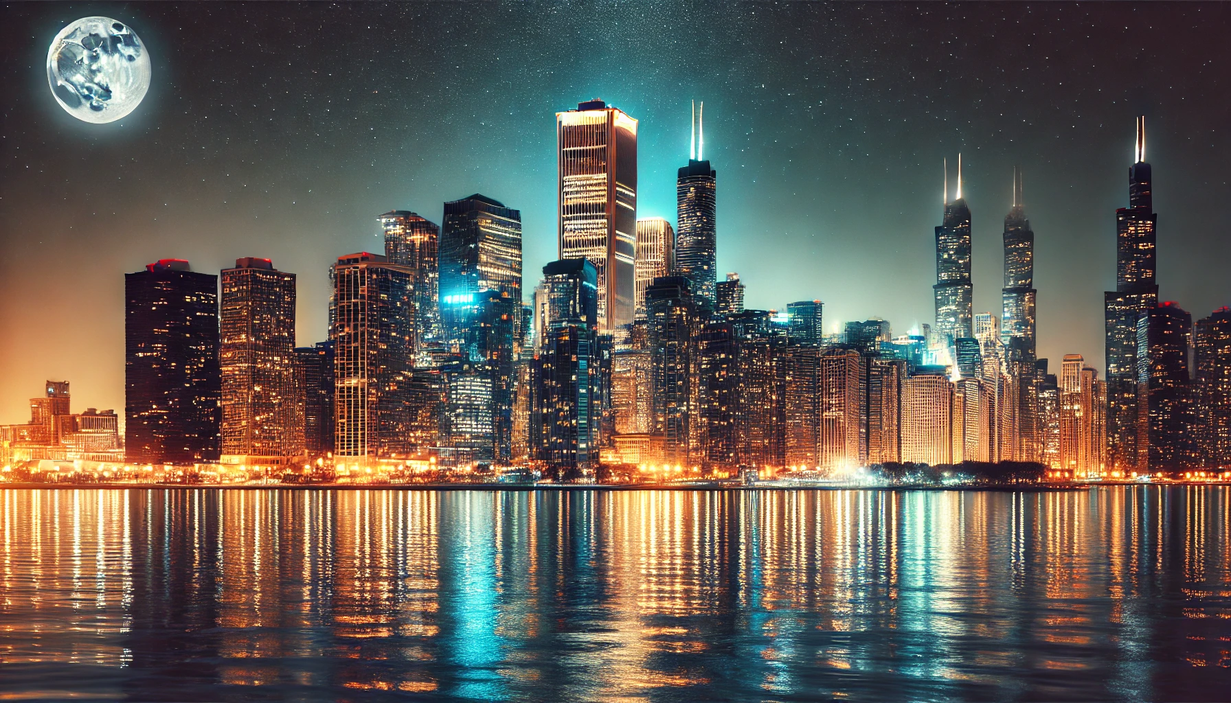 시카고 다운타운의 반짝이는 스카이라인과 미시간호 위로 비치는 야경