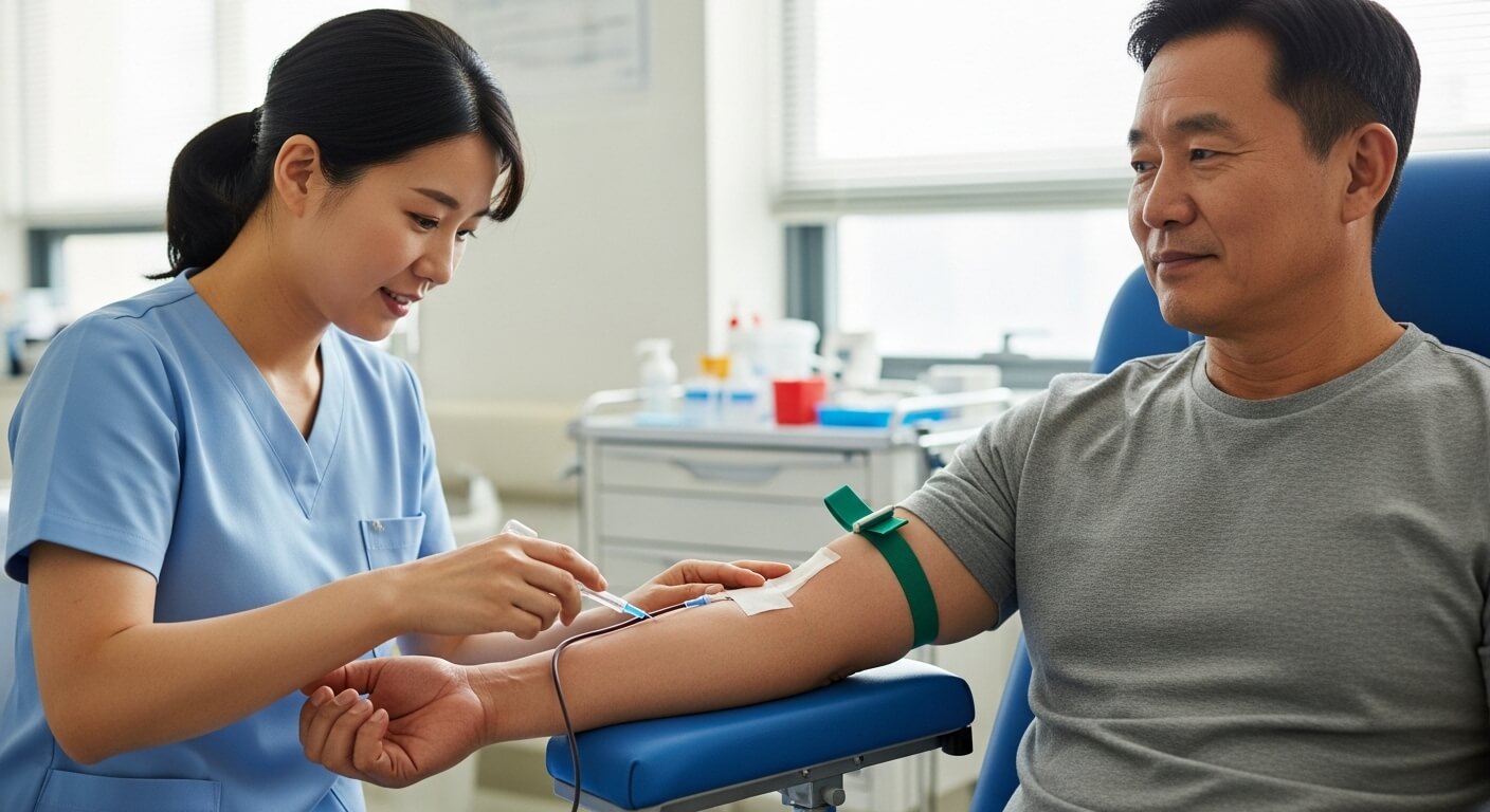중년 남성이 혈액 검사를 위해 간호사에게 팔에서 채혈을 받는 모습