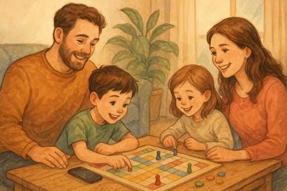 스마트폰을 내려놓고 가족과 보드게임을 즐기는 아이와 부모의 따뜻한 모습