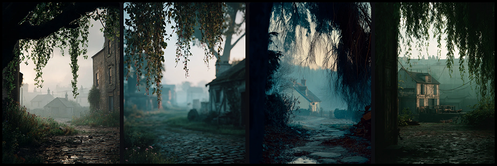 가지와 프레임 인 요소를 근경으로 활용해 공간의 깊이를 강조한 장면 이미지_Midjourney