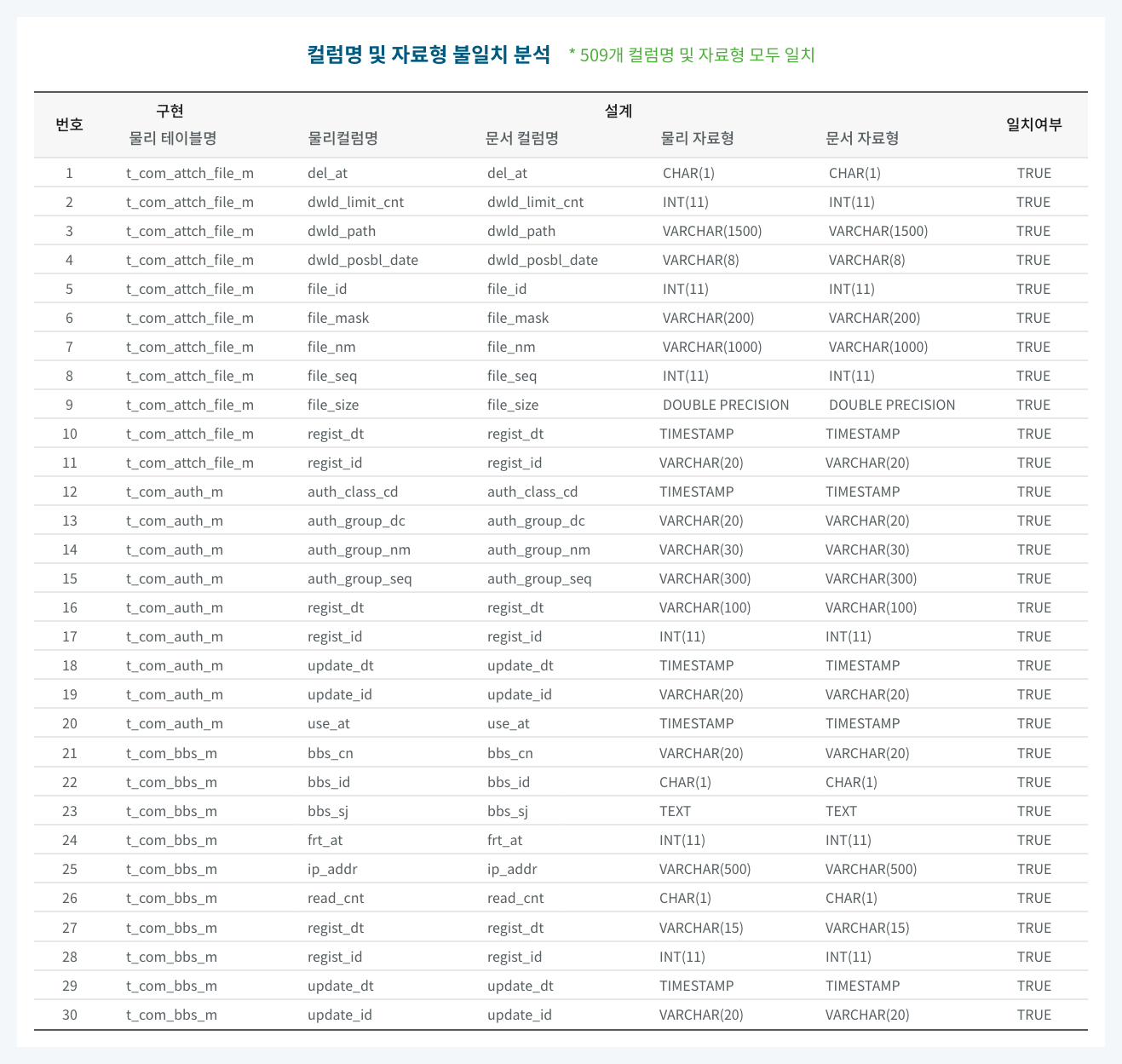 컬럼명 및 자료형 불일치 분석