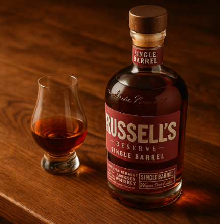 붉은 구릿빛 색상의 러셀 리저브 싱글 배럴 보틀이 오크 나무 테이블 위에 놓여있고, 옆에는 위스키가 담긴 글렌케언 잔이 함께 있는 모습
