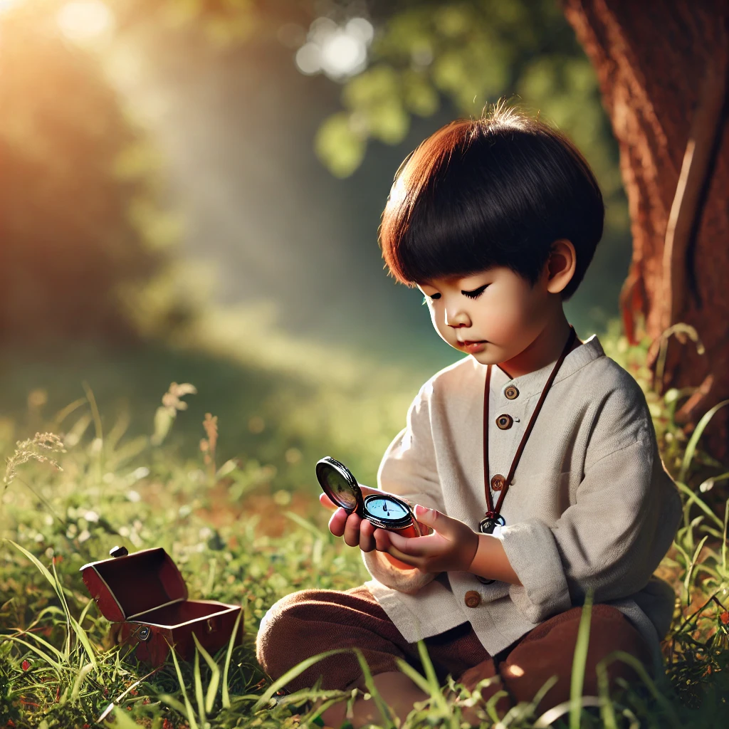6살 정도 된 한국 아이가 나무 아래 잔디밭에 앉아 열린 회중시계를 들고 호기심 가득한 표정으로 바라보는 모습, 주변은 따뜻한 햇살과 자연으로 둘러싸여 있음