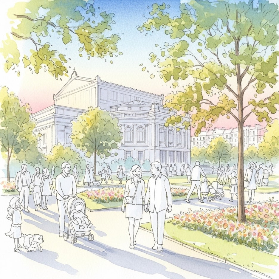 공연장 근처를 산책하는 사람들의 풍경