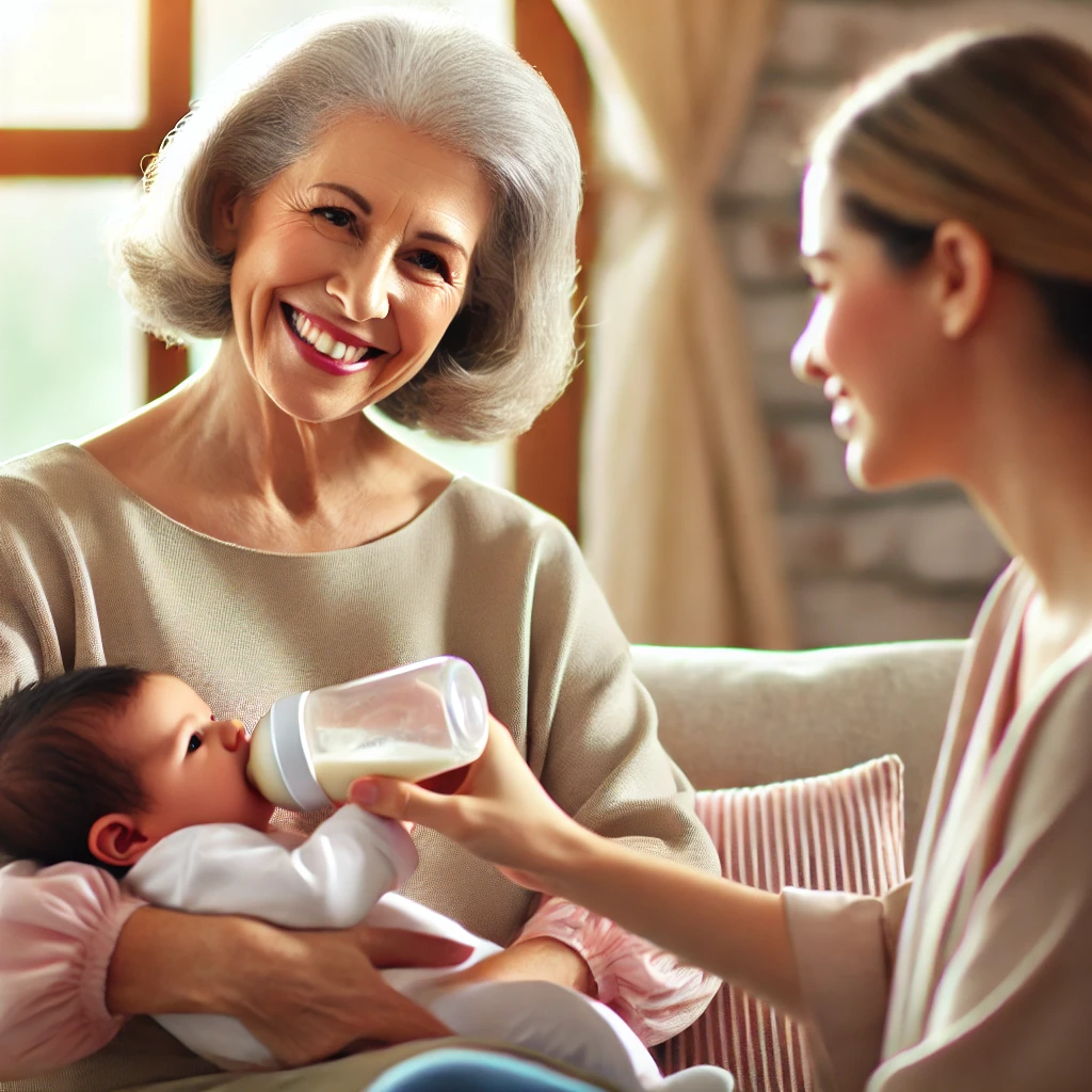 할머니가 손녀를 안고 젖병 물리는 그림