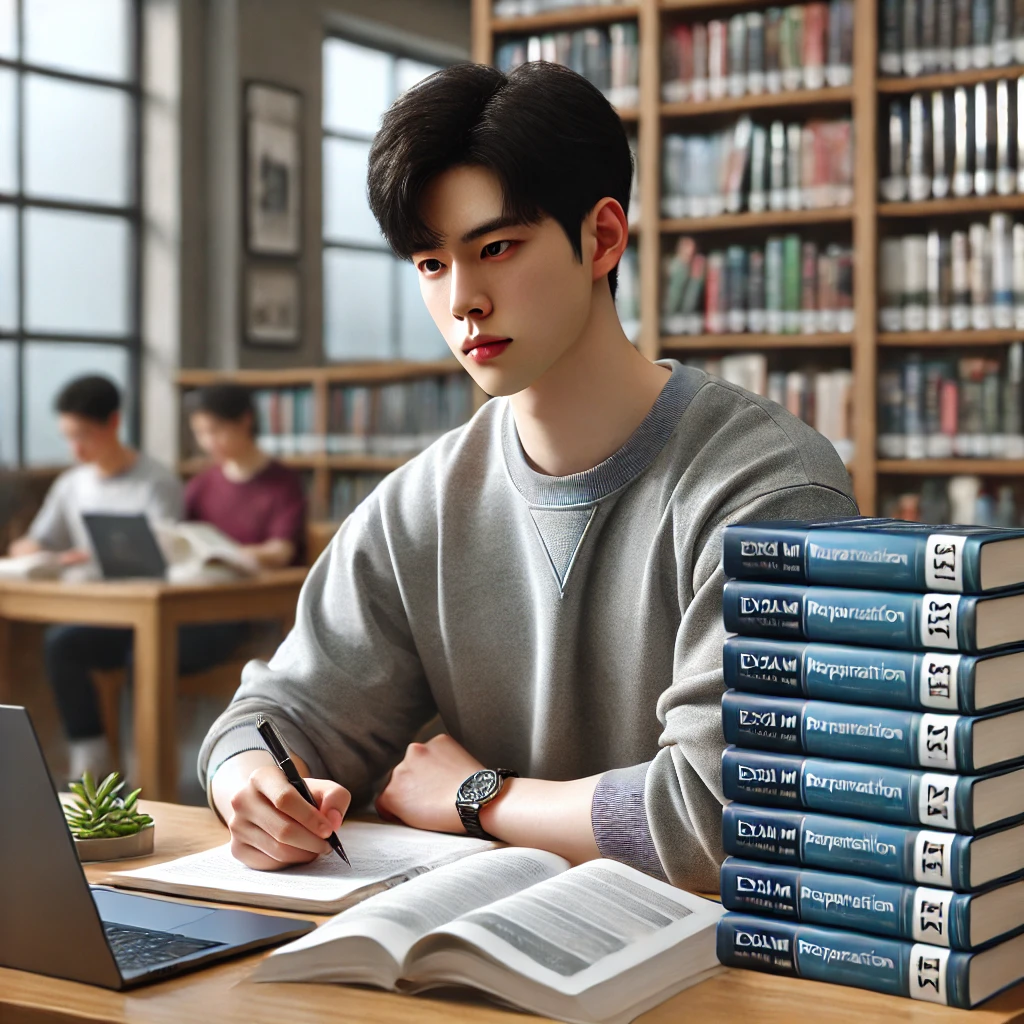 도서관에서 시험 준비 서적과 노트북을 활용해 공부하는 젊은 남성
