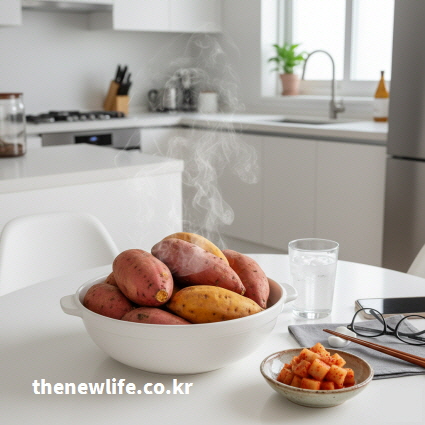 찜기로 고구마를 찐 뒤 완성된 상태를 보여주는 이미지.