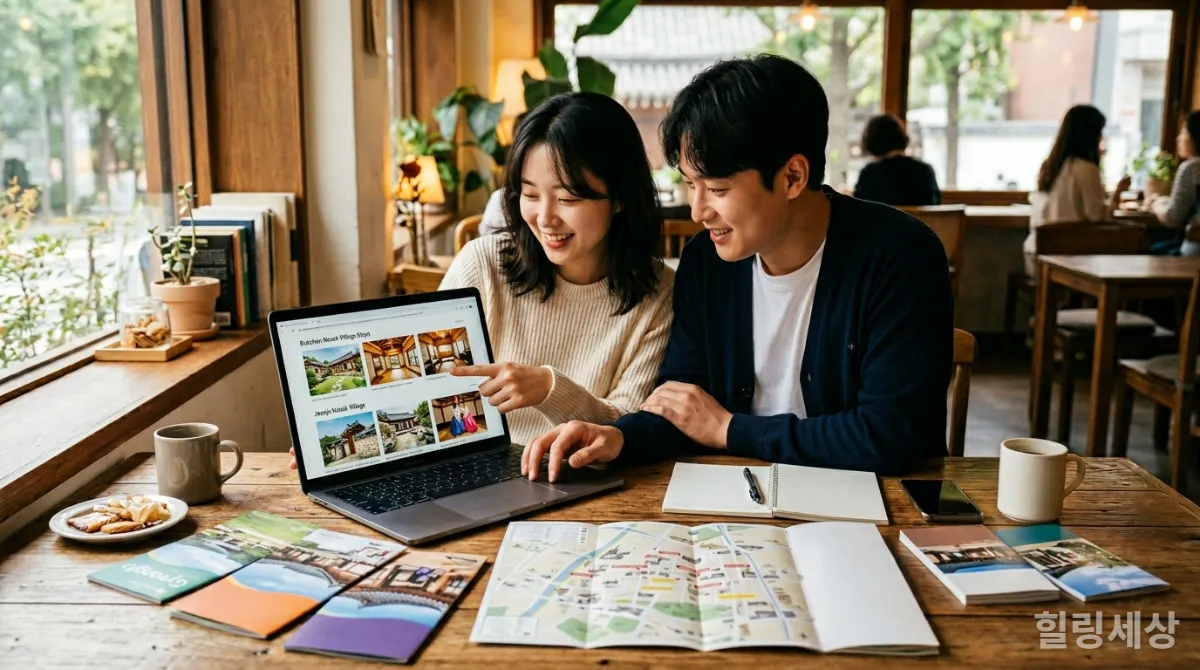 한옥 스테이 예약 정보를 검색하며 여행을 계획하는 사람들