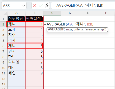 엑셀 AVERAGEIF함수 예제
