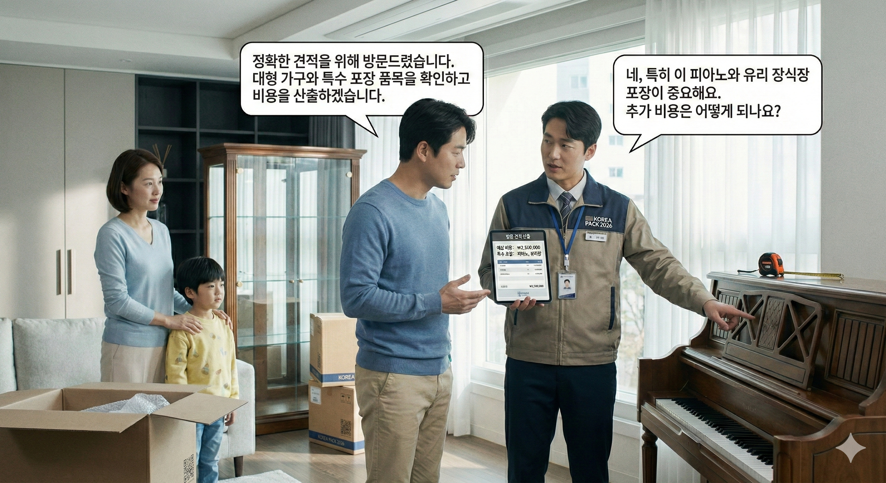 포장이사 방문 견적을 통해 정확한 비용을 산출하는 전문가와 고객의 대화 장면