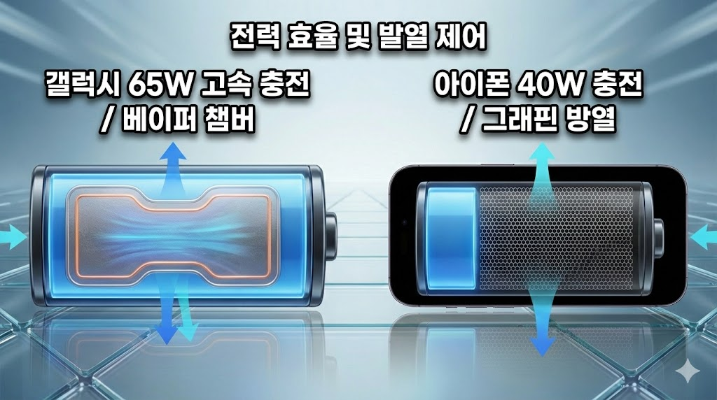 스마트폰 배터리 효율과 초고속 충전 시스템의 에너지 전달 과정을 표현한 이미지