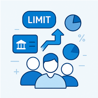 세 명의 인물, 원형 차트, 상승 화살표, LIMIT 요소로 구성된 공동 계좌 이체한도 인포그래픽
