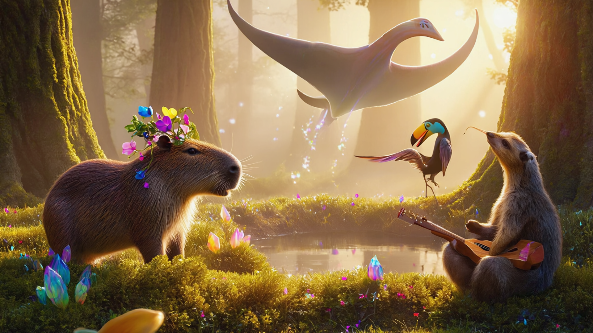 꽃 화관을 쓴 카피바라와 우쿨렐레를 연주하는 미어캣, 공중을 나는 가오리와 형형색색의 크리스탈 숲, 환상적인 빛으로 둘러싸인 동화 같은 숲속 동물들의 시네마틱한 풍경