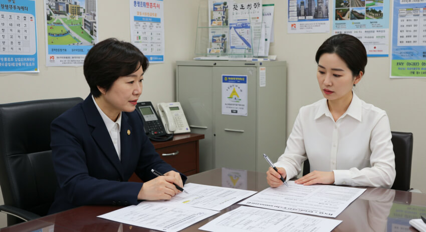 건축허가와 관련하여 상담을 받고 있는 여성