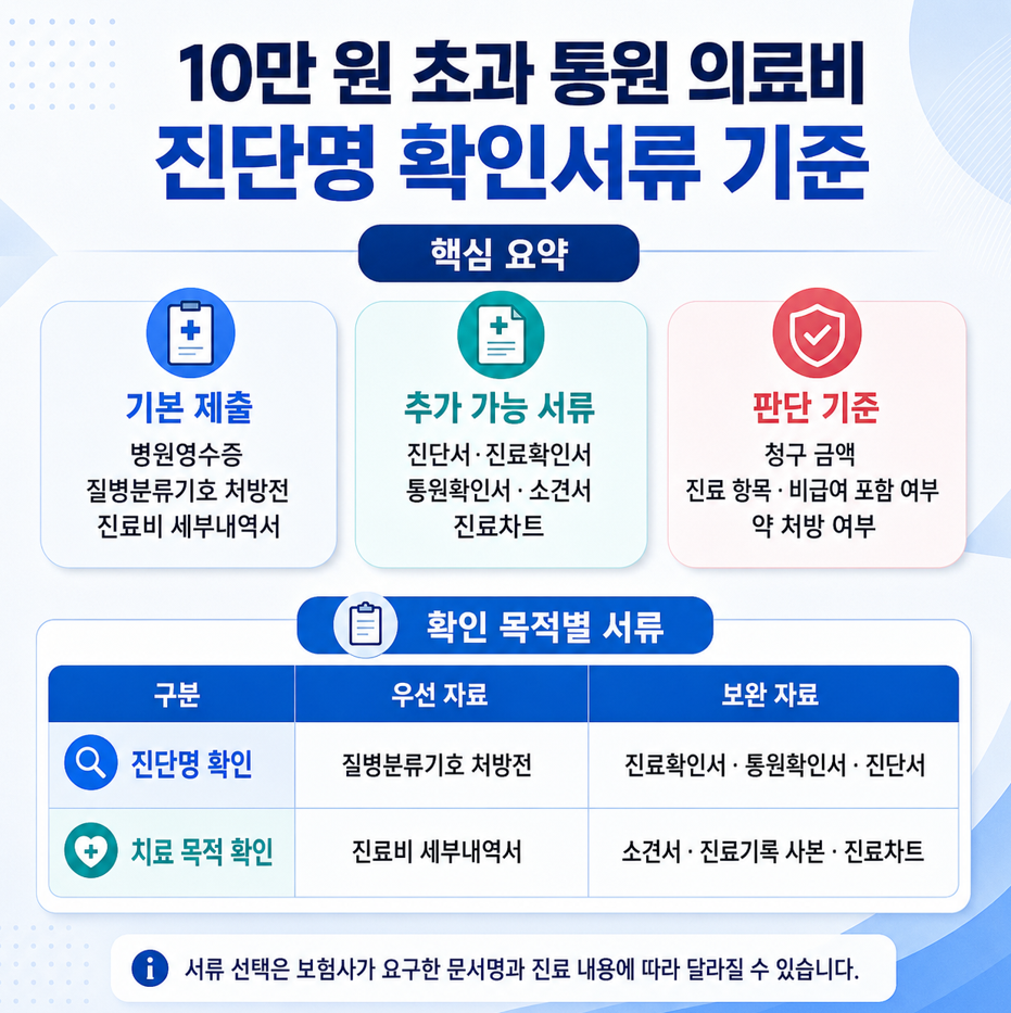 10만 원 초과 통원 의료비의 진단명 확인서류 기준을 기본 제출 자료, 추가 가능 서류, 판단 기준으로 정리한 1:1 의료 보험 인포그래픽