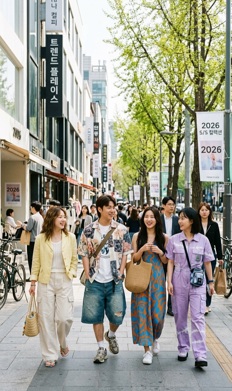 2026년 봄 여름 패션 트렌드를 한눈에 보여주는 화사한 야외 거리 한국인의 스냅샷