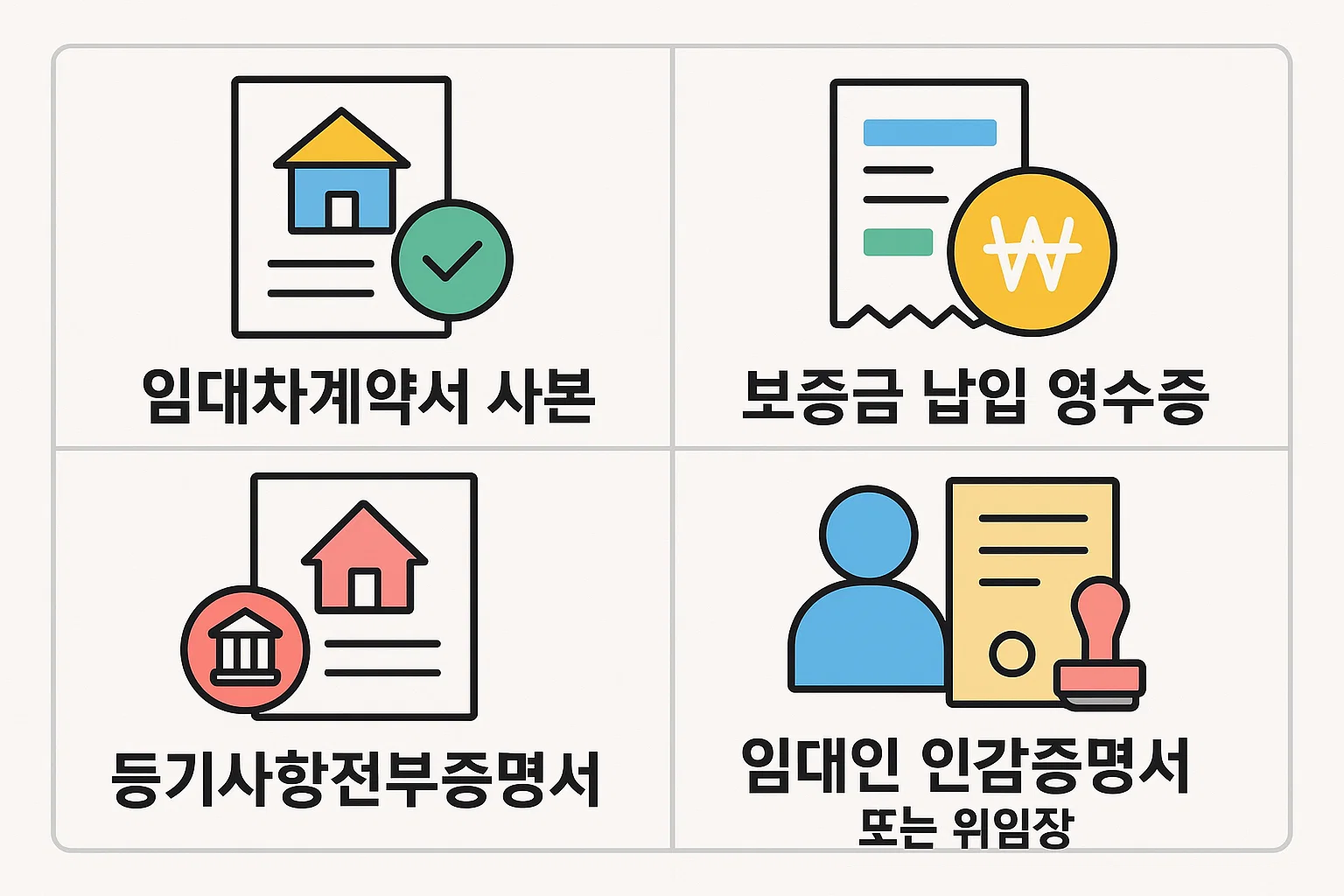 버팀목 전세자금대출을 신청할 때 필요한 임대차 관련 서류를 시각적으로 정리한 인포그래픽으로, 임대차계약서 사본, 보증금 납입 영수증, 등기사항전부증명서, 임대인 인감증명서 또는 위임장 등 필수 서류 항목을 보여줍니다.