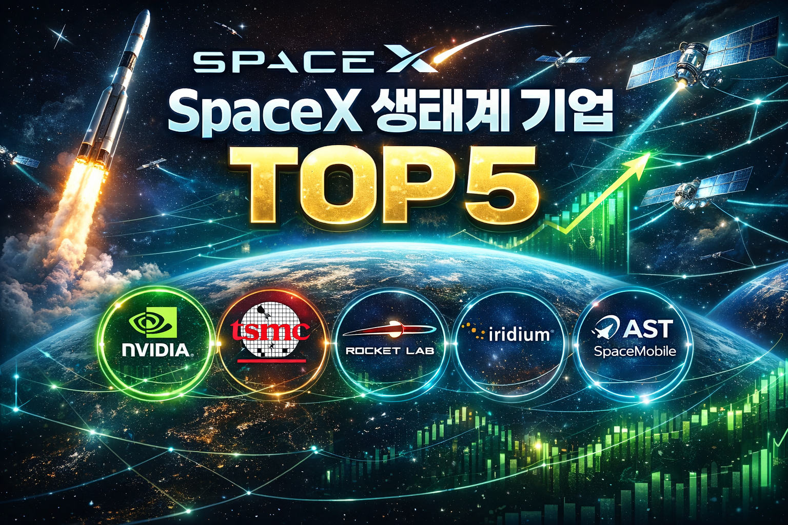 SpaceX 생태계와 연결된 글로벌 우주 산업 기업을 설명하는 투자 분석 이미지