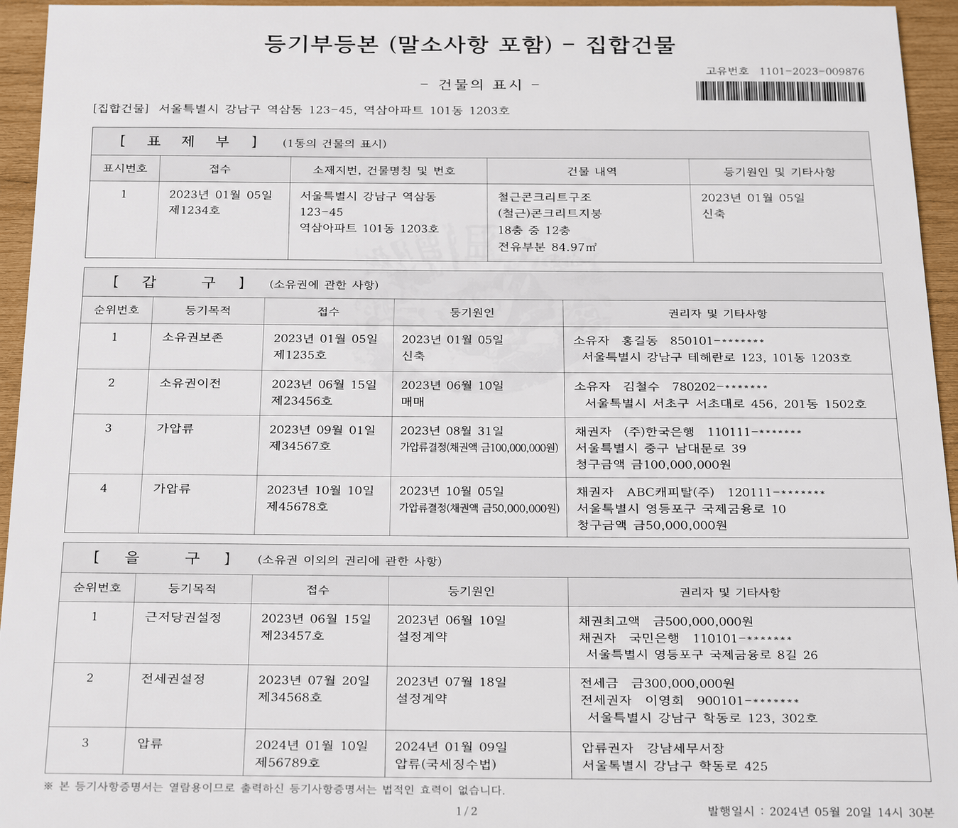 등기부등본 예시 사진