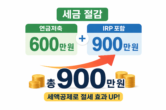 연금저축 600만 원과 IRP 포함 900만 원 세액공제 한도를 보여주는 이미지