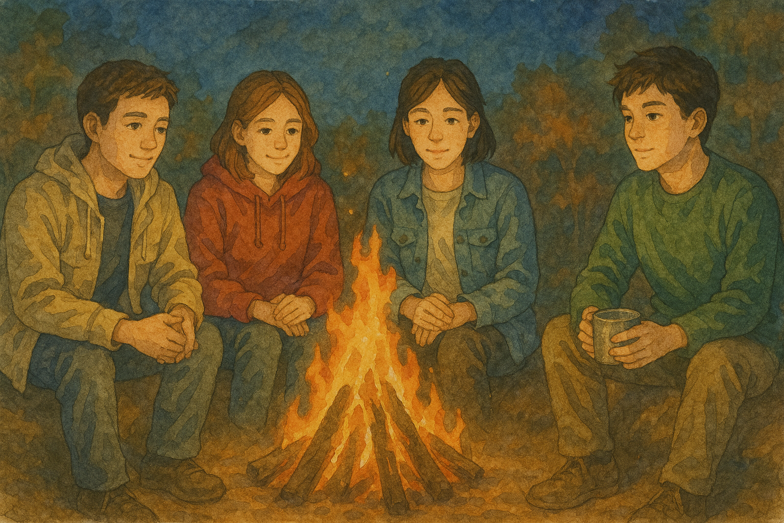 밤하늘 아래 캠프파이어와 친구들