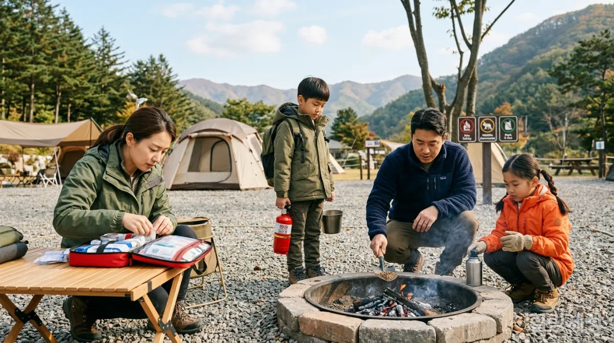 한국 가족이 캠핑장에서 구급 상자를 확인하고 안전하게 불을 끄는 모습