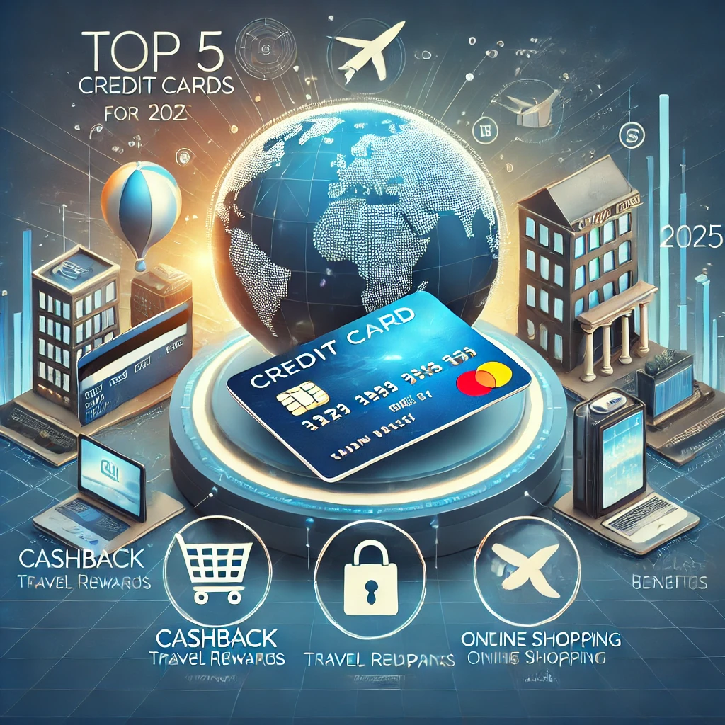 "2025년 추천 신용카드 TOP 5를 소개하는 컨셉 이미지. 디지털 지갑과 다양한 신용카드가 미래적인 환경에서 떠 있는 모습이며, 캐시백, 여행 마일리지, 온라인 쇼핑 혜택을 상징하는 금융 아이콘이 함께 배치됨. 블루와 골드 컬러를 활용하여 프리미엄 금융 서비스를 강조한 디자인."