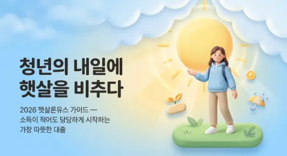 햇살론유스 조건 총정리 2026 블로그 대표 이미지. 청년이 햇살 아래 서 있는 일러스트와 함께 청년의 내일에 햇살을 비추다라는 문구가 표시되어 있다. 2026 햇살론유스 가이드로서 소득이 적어도 당당하게 시작하는 가장 따뜻한 대출이라는 설명이 포함되어 있다. 이 이미지는 만 19세에서 34세 이하 대학생과 취업준비생 및 사회초년생을 위한 정부 보증 저금리 대출 햇살론유스의 금리와 한도 및 신청방법과 심사기간 정보를 안내하는 블로그 글의 대표 이미지이다