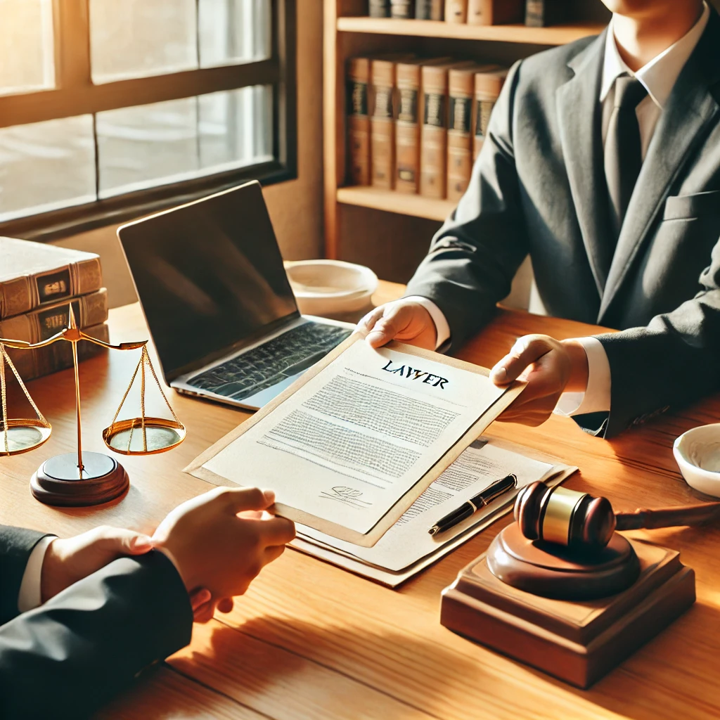 따뜻하고 전문적인 분위기의 한국 법률 사무실에서 변호사가 고객에게 문서를 건네며 설명하는 모습. 정돈된 책상 위에 노트북, 법률 서적, 커피잔이 놓여 있어 환영받는 환경을 강조합니다.