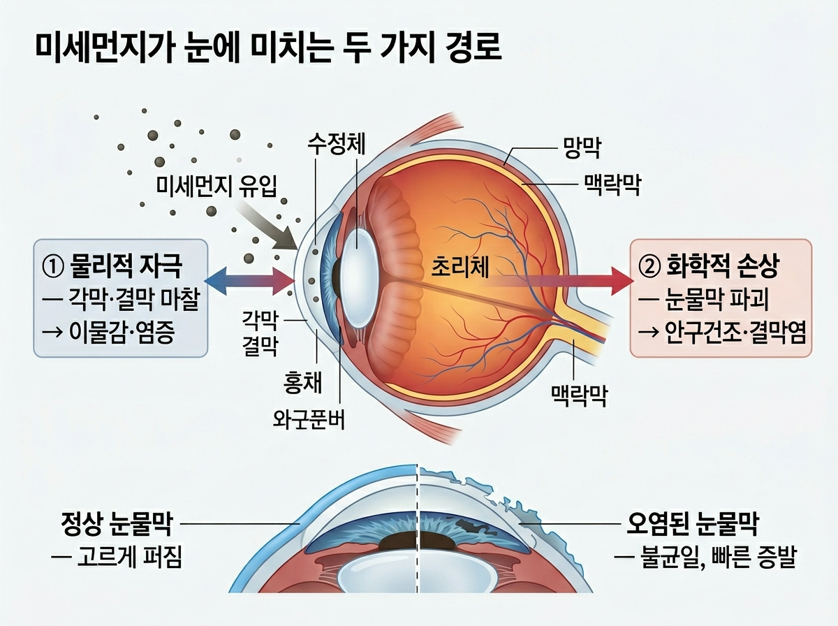 미세먼지 눈건강, PM2.5 결막염 원인, 초미세먼지 안구건조 메커니즘, 황사 눈 충혈 이유