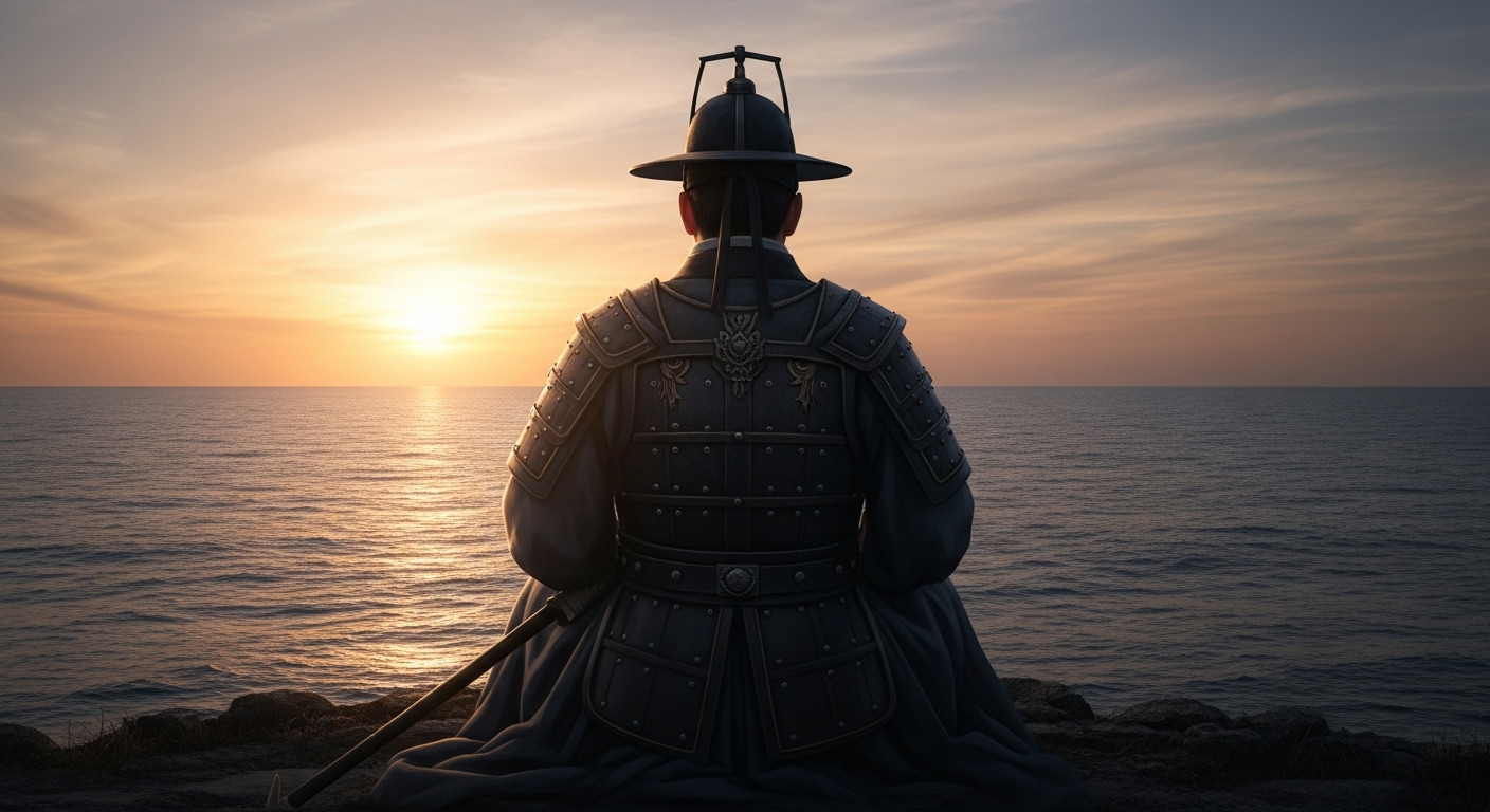해 질 녘, 고요한 한산도에서 홀로 드넓은 바다를 바라보며 나라의 운명을 고뇌하는 이순신 장군의 비장하고도 고독한 뒷모습.