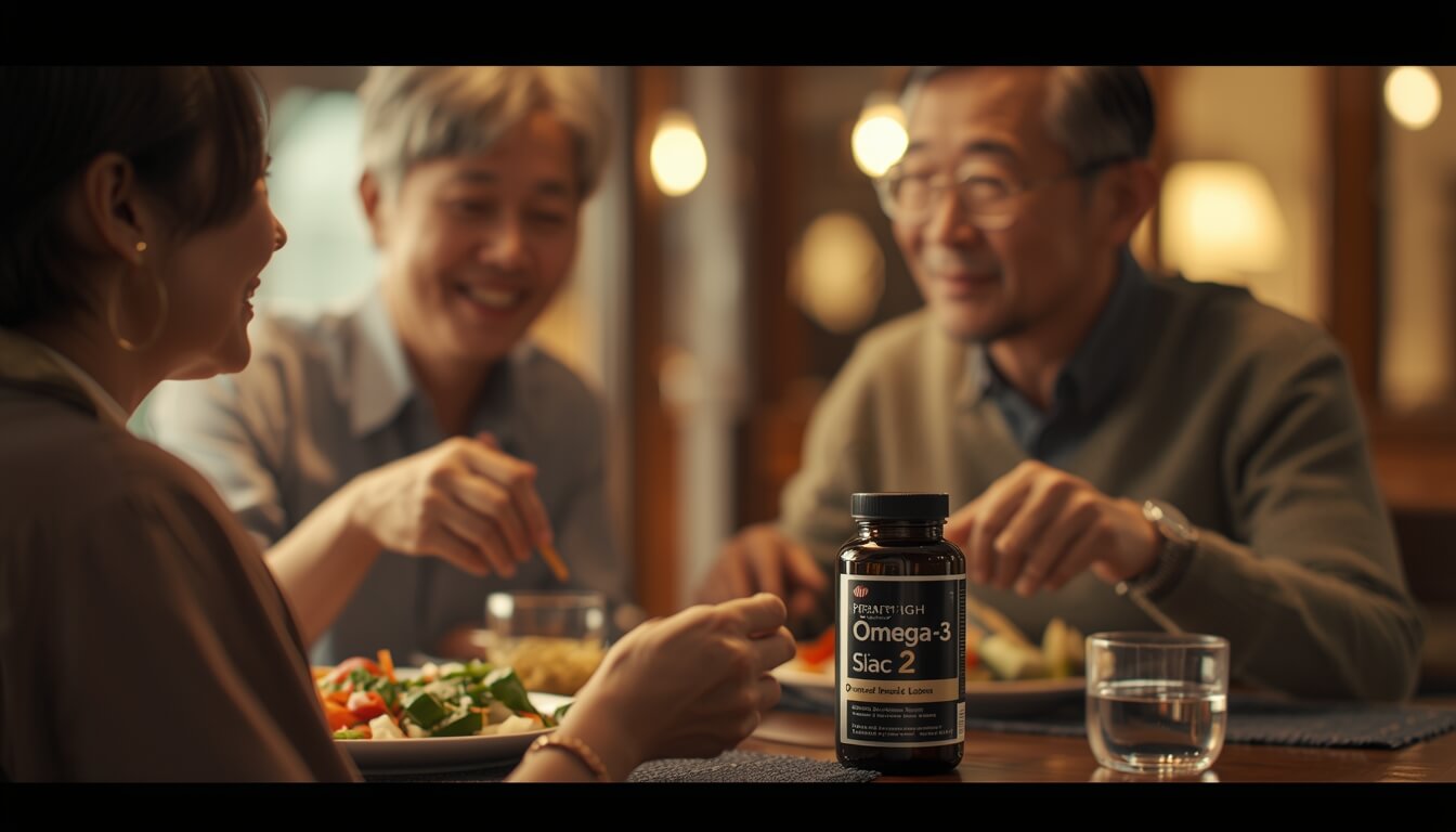 점심 식사 중에 오메가3와 지용성 비타민을 함께 챙겨 먹는 부부